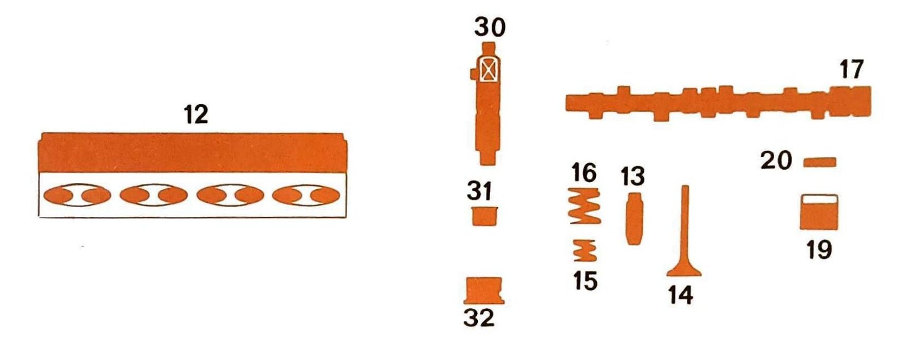 Componenti testa cilindri e distribuzione: testa cilindri (12), iniettore/boccola polverizzatore (30), tappo precamera di combustione (31), boccola iniettore (32), molla valvola (15), punteria (16), valvola (13/14), albero distribuzione (17), piattello molla (20), semigrano (19).