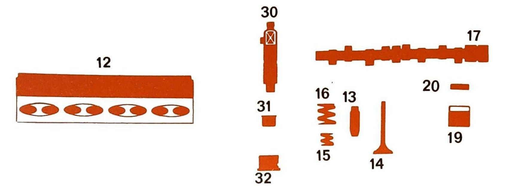 Componenti testa cilindri e distribuzione: testa cilindri (12), iniettore/boccola polverizzatore (30), tappo precamera di combustione (31), boccola iniettore (32), molla valvola (15), punteria (16), valvola (13/14), albero distribuzione (17), piattello molla (20), semigrano (19).