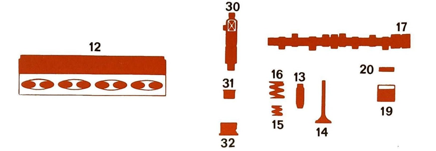 Componenti testa cilindri e distribuzione: testa cilindri (12), iniettore/boccola polverizzatore (30), tappo precamera di combustione (31), boccola iniettore (32), molla valvola (15), punteria (16), valvola (13/14), albero distribuzione (17), piattello molla (20), semigrano (19).
