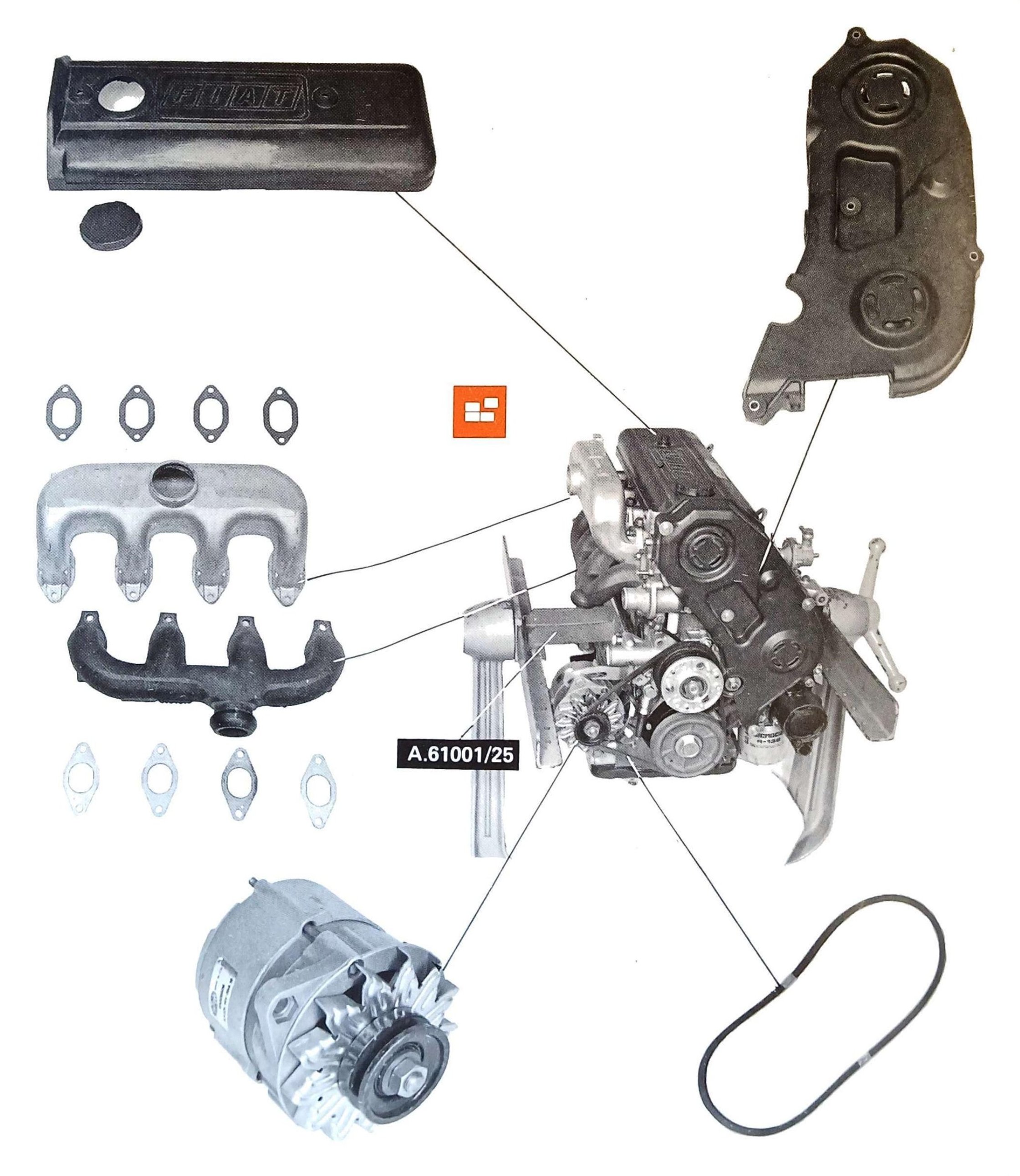Smontaggio componenti esterni dal motore sul cavalletto A.61001/25: coperchio punterie FIAT (in alto a sinistra), copertura distribuzione (in alto a destra), collettori aspirazione ed scarico con guarnizioni (a sinistra), alternatore, cinghia trapezoidale (in basso a destra); il motore è indicato con richiamo A.61001/25