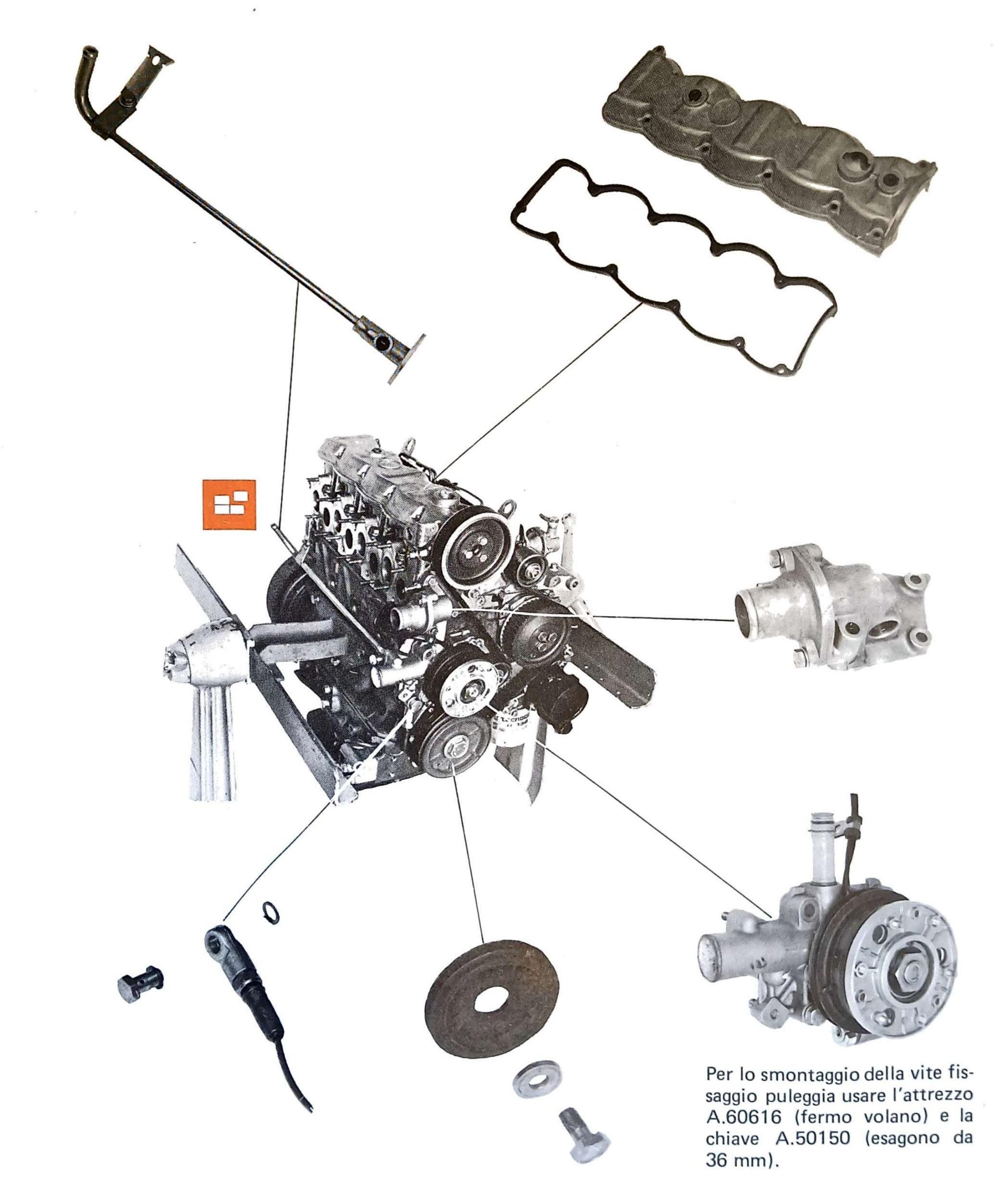 Smontaggio componenti dal motore sul cavalletto: asta livello olio (in alto a sinistra), coperchio valvole con guarnizione (in alto a destra), corpo termostato (a destra centro), pompa acqua (in basso a destra), puleggia albero motore con dado e rondella (in basso centro), candeletta di preriscaldamento (in basso a sinistra). Nota: per lo smontaggio della vite fissaggio puleggia usare l'attrezzo A.60616 (fermo volano) e la chiave A.50150 (esagono da 36 mm).