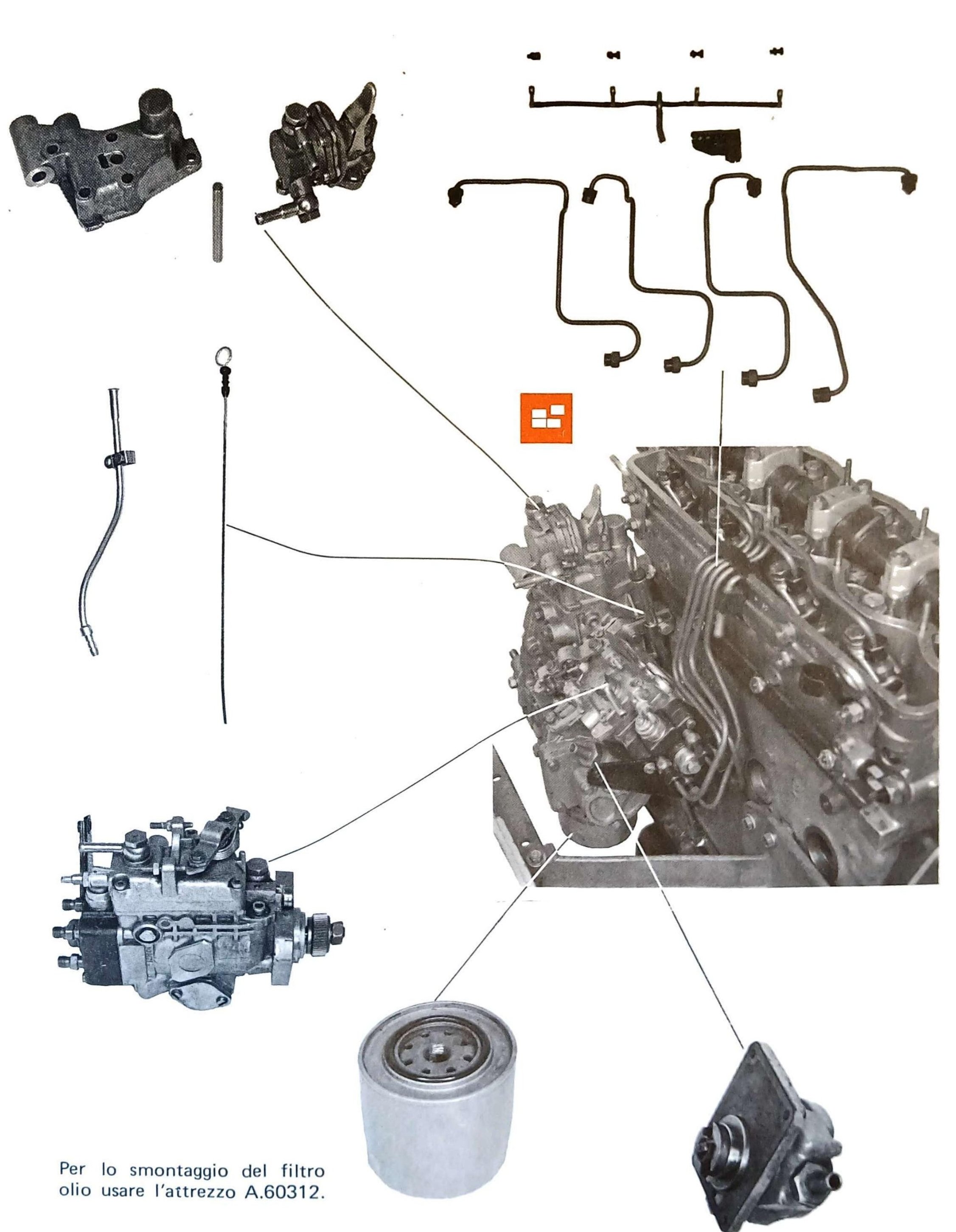 Smontaggio motore al banco: vista esplosa con componenti smontati e linee di richiamo al motore — supporto pompa iniezione, pompa vuoto, astina livello olio, tubazioni carburante, pompa iniezione, filtro olio, pompa olio.