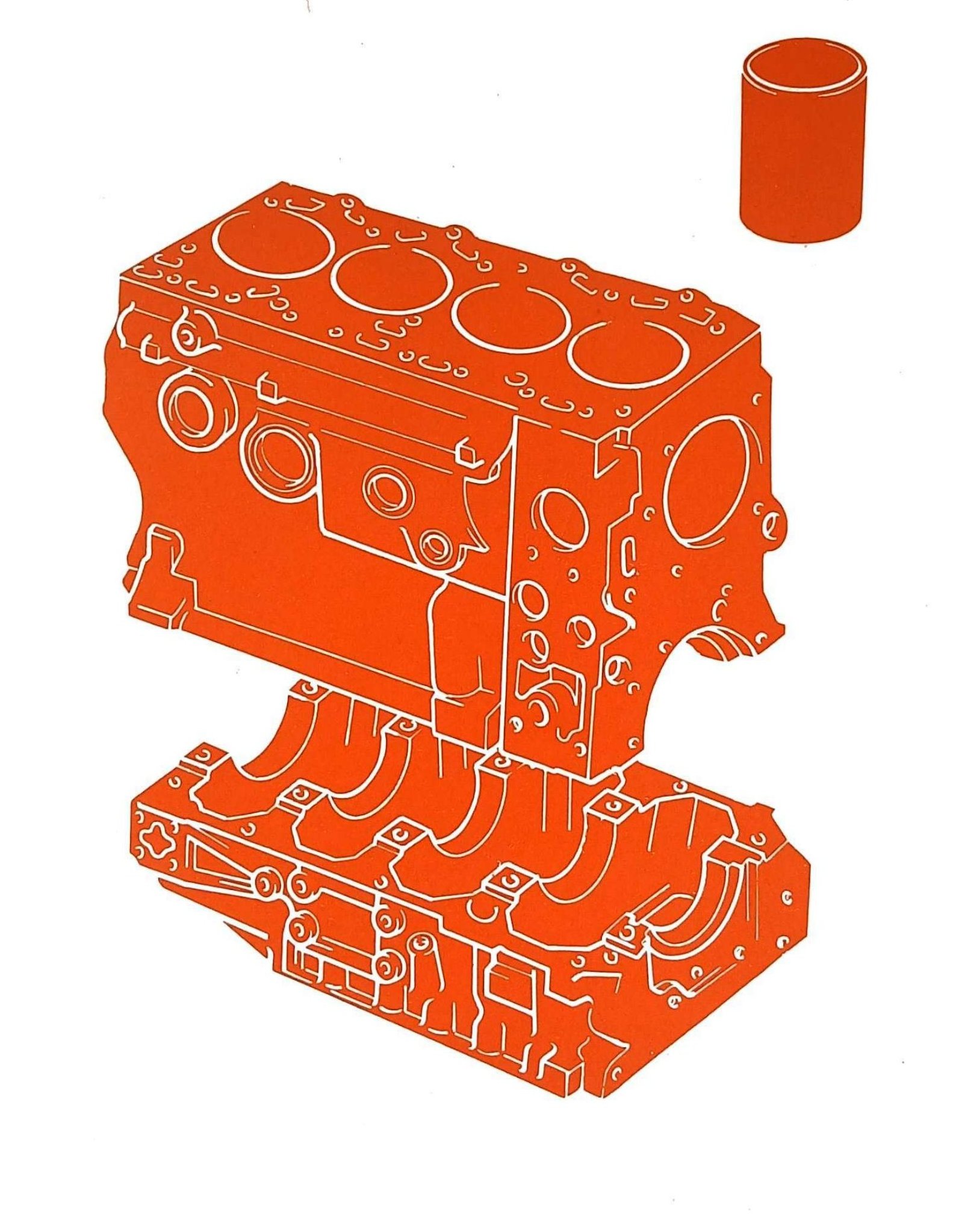 Illustrazione del gruppo cilindri e basamento: disegno tecnico in arancione del basamento motore in sezione assonometrica con i supporti di banco aperti, e canna cilindro separata in alto a destra.