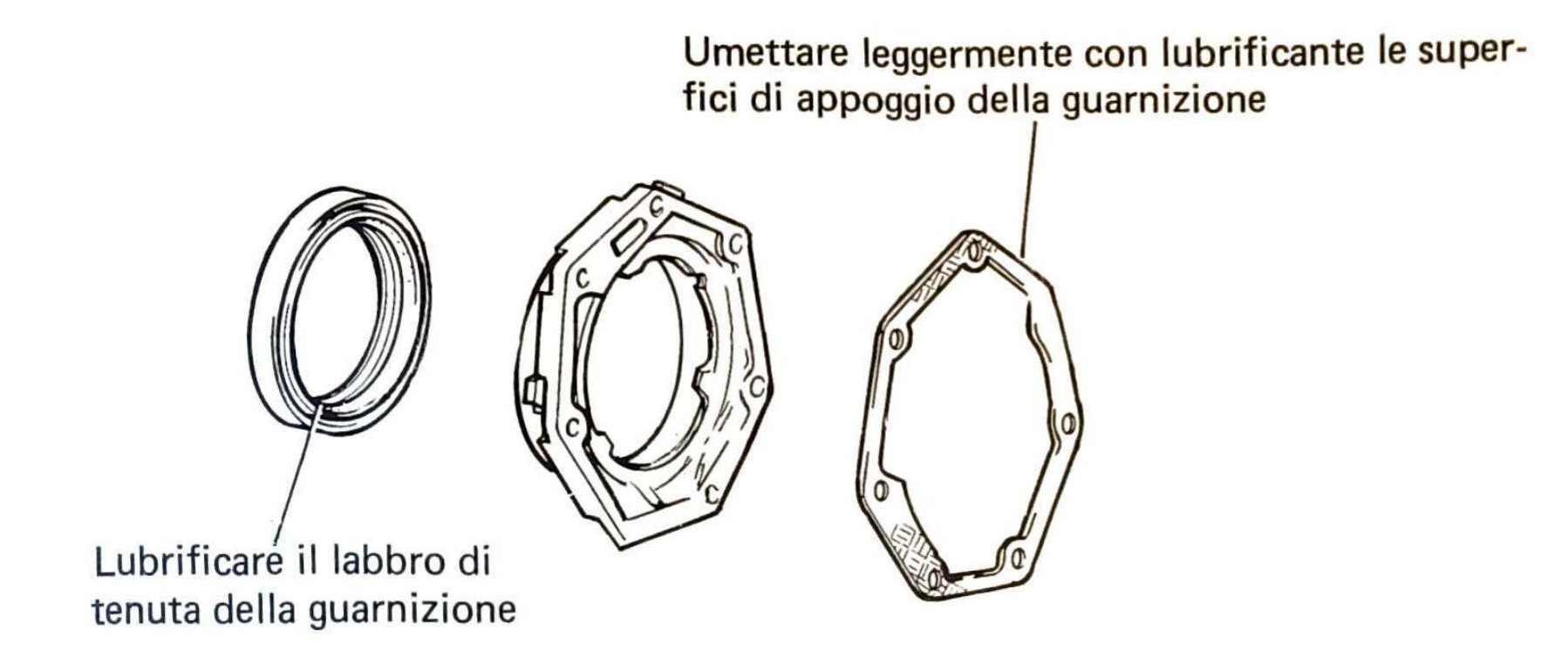 Componenti coperchio posteriore albero motore: guarnizione di tenuta (anello), coperchio e guarnizione piana. Indicazioni: lubrificare il labbro di tenuta della guarnizione; umettare leggermente con lubrificante le superfici di appoggio della guarnizione.