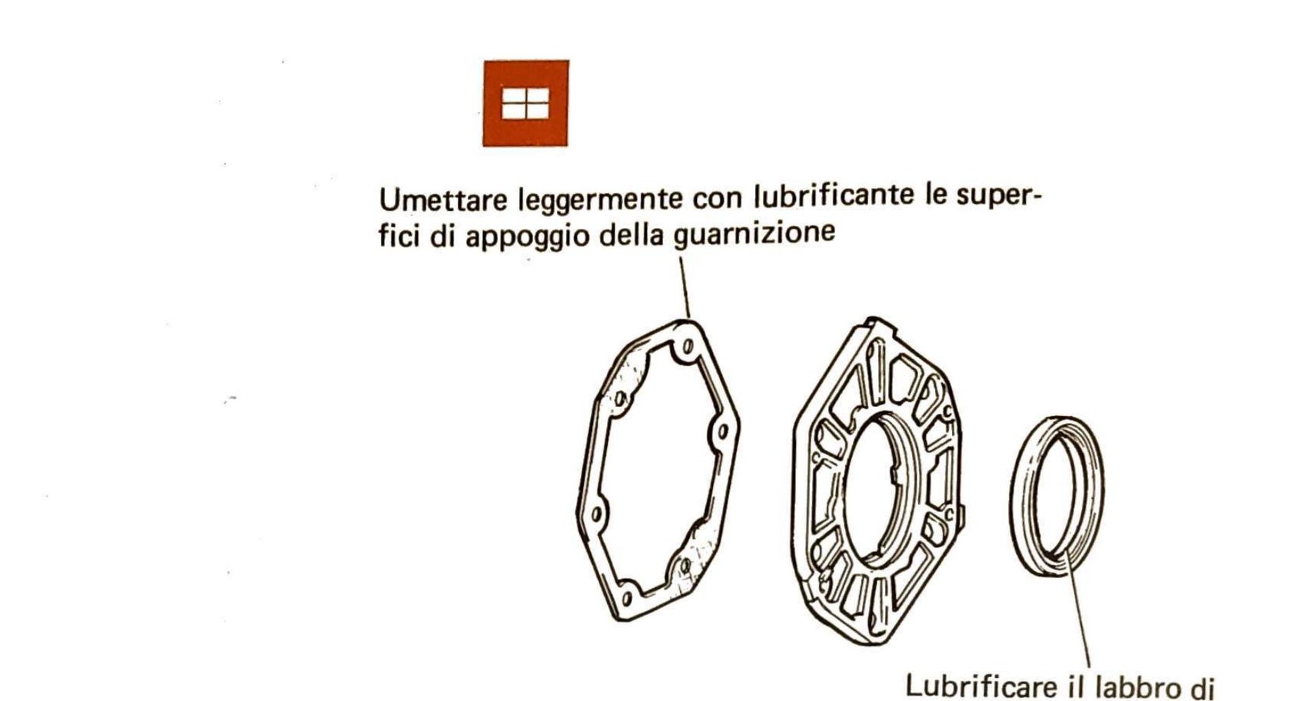 Componenti coperchio anteriore albero motore: guarnizione piana, coperchio e anello di tenuta. Indicazioni: umettare leggermente con lubrificante le superfici di appoggio della guarnizione; lubrificare il labbro di tenuta della guarnizione.