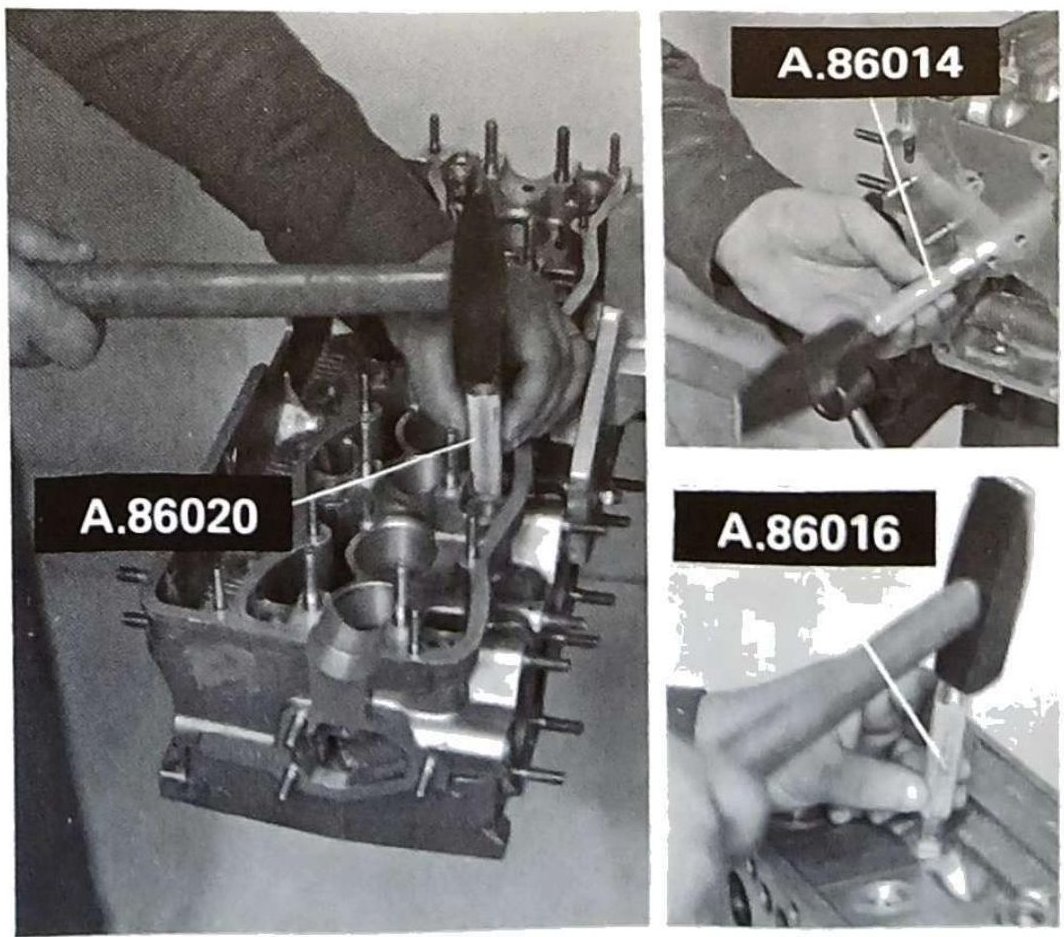Montaggio tappi a scodellino sulla testa cilindri con attrezzatura A.86020 (sinistra), A.86014 (in alto a destra) e A.86016 (in basso a destra).