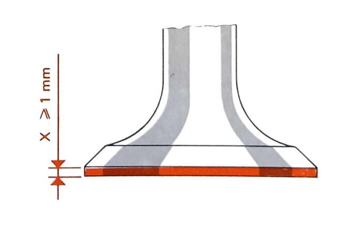 Controllo quota (X): spessore della valvola alla periferia del fungo; X ≥ 1 mm.