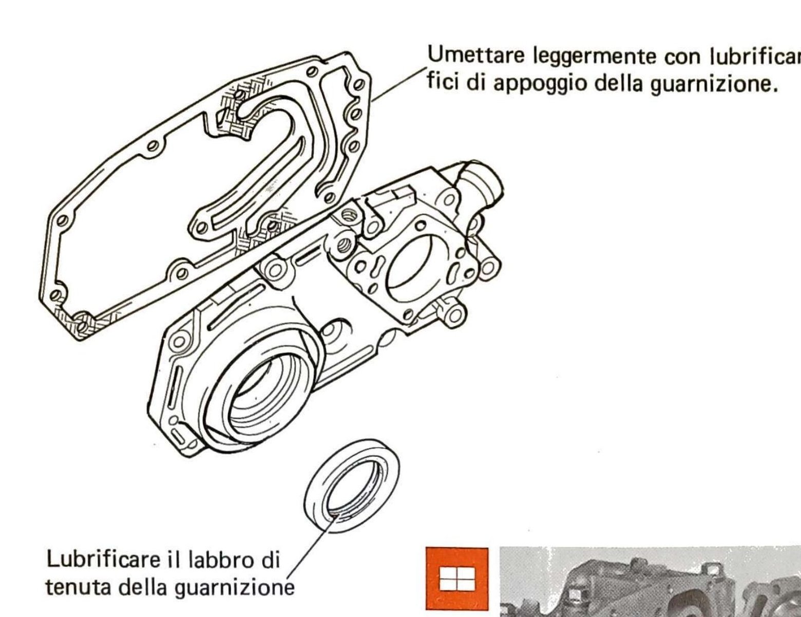 Coperchio anteriore esploso con guarnizione di tenuta: umettare le superfici di appoggio con lubrificante e lubrificare il labbro di tenuta della guarnizione prima del montaggio