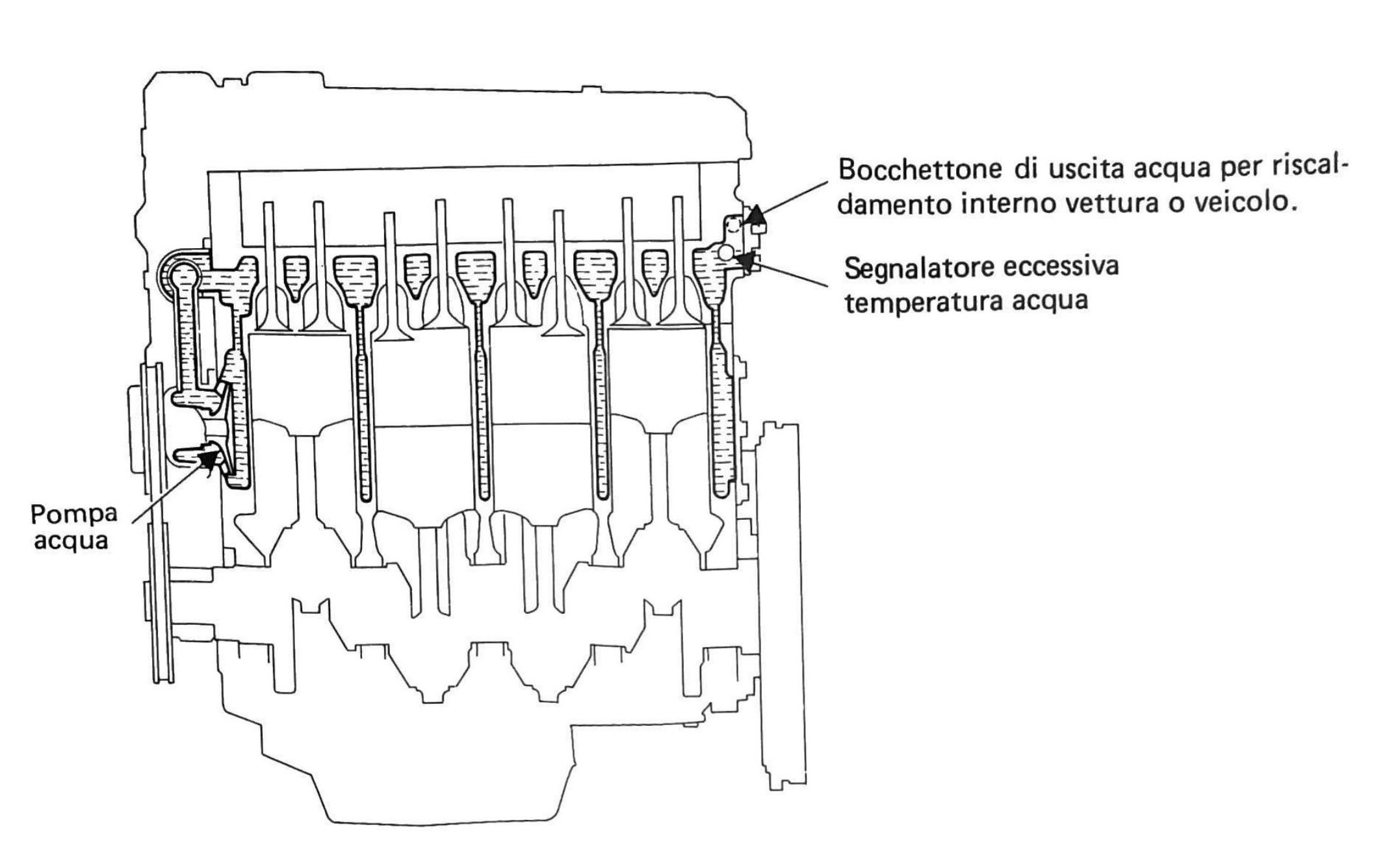 Schema del raffreddamento — sezione longitudinale motore con indicazione: pompa acqua, bocchettone di uscita acqua per riscaldamento interno vettura o veicolo, segnalatore eccessiva temperatura acqua