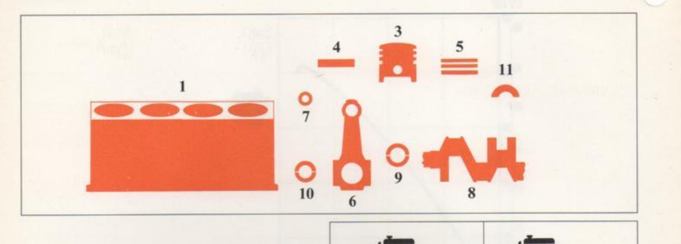 Esploso basamento e organi del manovellismo (rif. 1, 3, 4, 5, 6, 7, 8, 9, 10, 11)