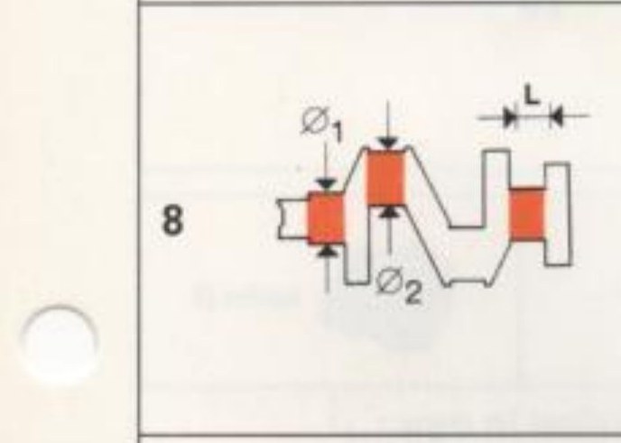 Albero motore: perni di banco e di biella, quote ⌀₁ ⌀₂ e L (rif. 8)