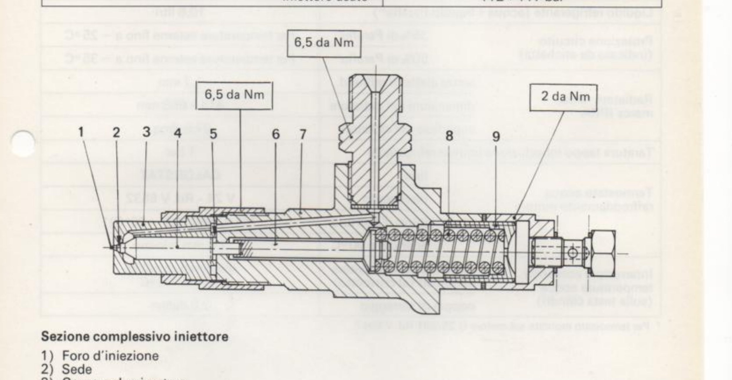 Sezione complessivo iniettore (callout 1÷9; coppie di serraggio 6,5 daNm, 6,5 daNm, 2 daNm)