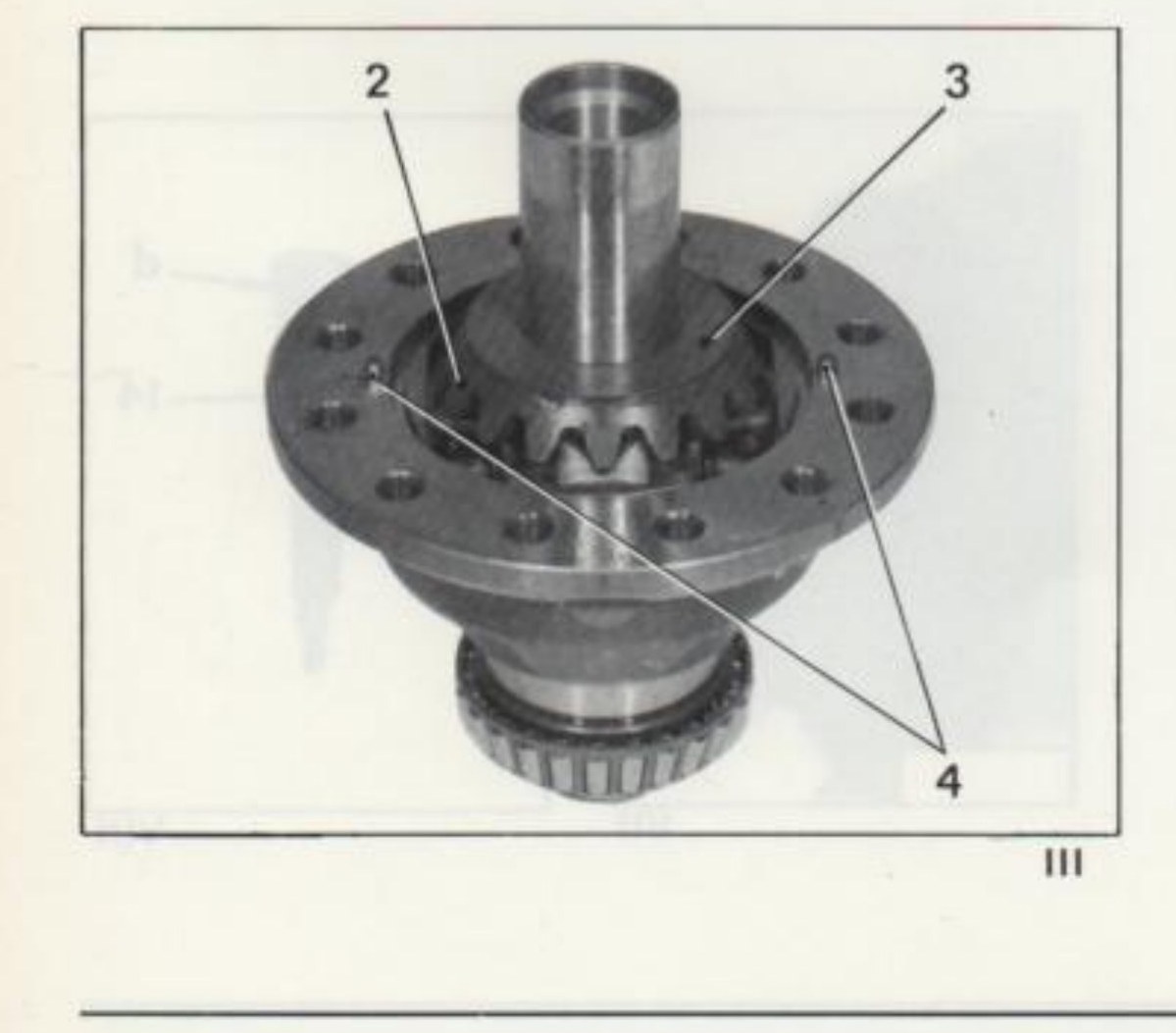 III — Planetario (2), anello di registro (3), copiglie (4)