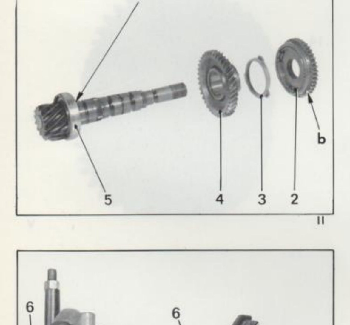 Mozzo-manicotto, anello di sincronizzazione e ingranaggio 1ª velocità - fig. II (rif. a, b, 2, 3, 4, 5)