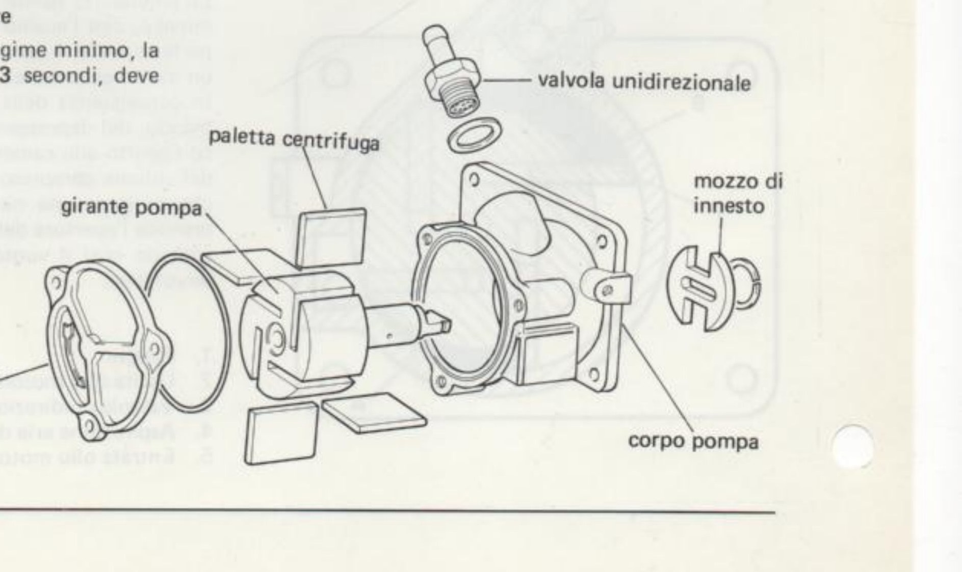 Vista esplosa della pompa a depressione: coperchio, girante pompa, paletta centrifuga, valvola unidirezionale, corpo pompa, mozzo di innesto