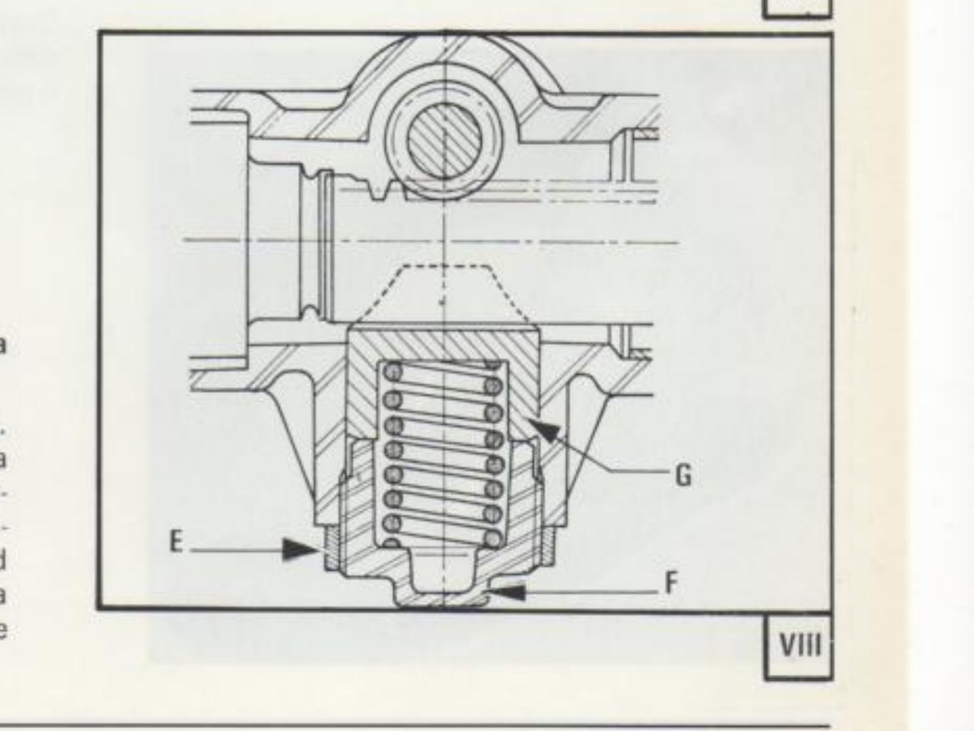 fig. VIII — Nottolino centraggio cremagliera: controdado (E), ghiera di registro (F), nottolino (G)