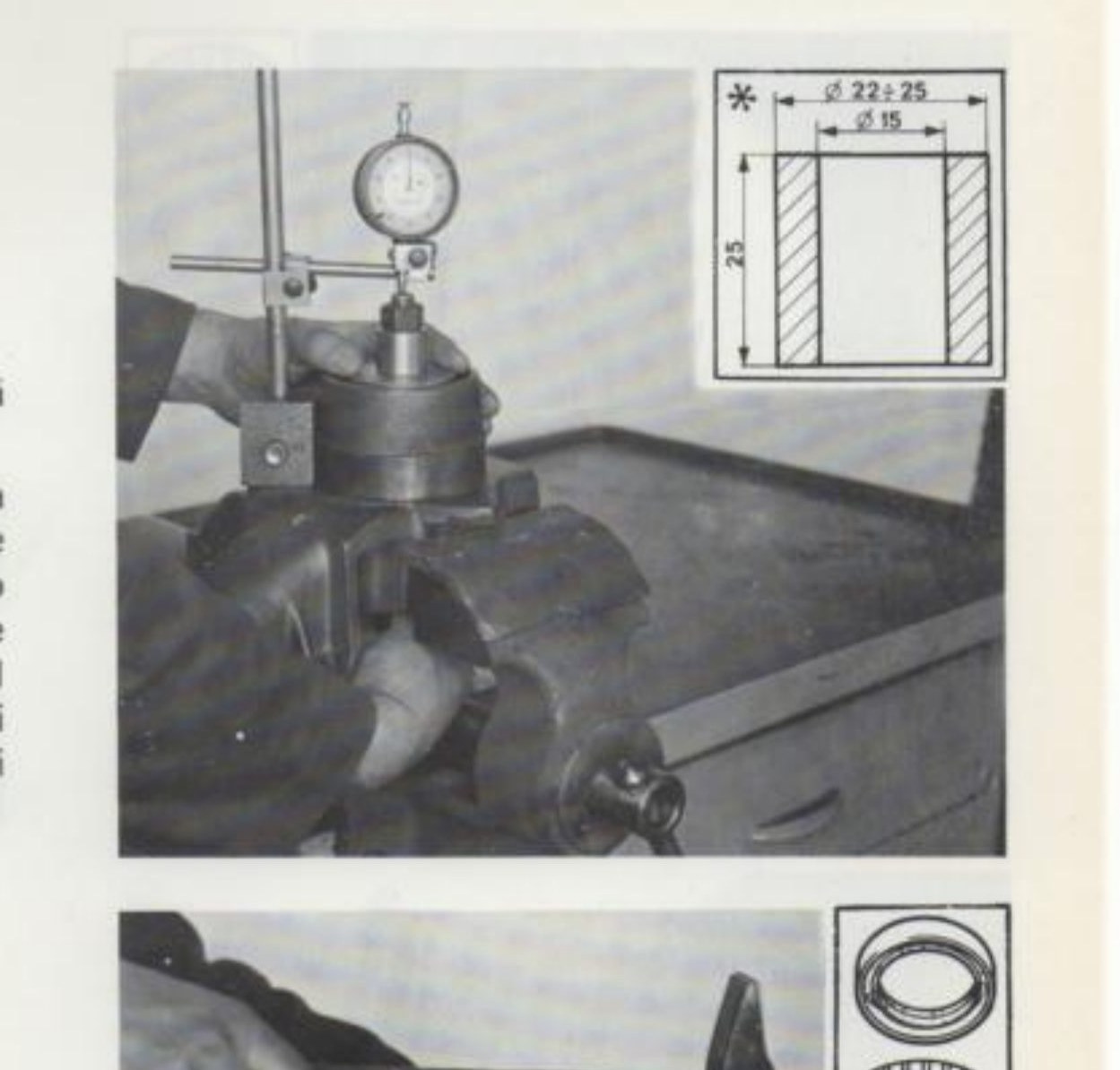 Controllo del giuoco assiale con attrezzo e comparatore montati su morsa; in alto a destra disegno quotato del distanziale (*): ⌀ 22 e ⌀ 25, ⌀ 16, altezza 25
