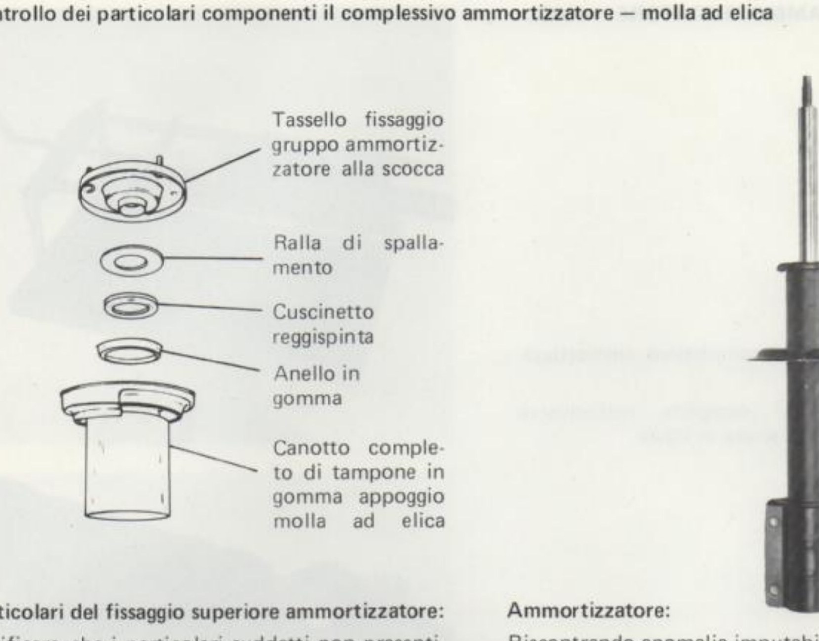 Particolari del fissaggio superiore ammortizzatore: tassello fissaggio gruppo ammortizzatore alla scocca, ralla di spallamento, cuscinetto reggispinta, anello in gomma, canotto completo di tampone in gomma appoggio molla ad elica