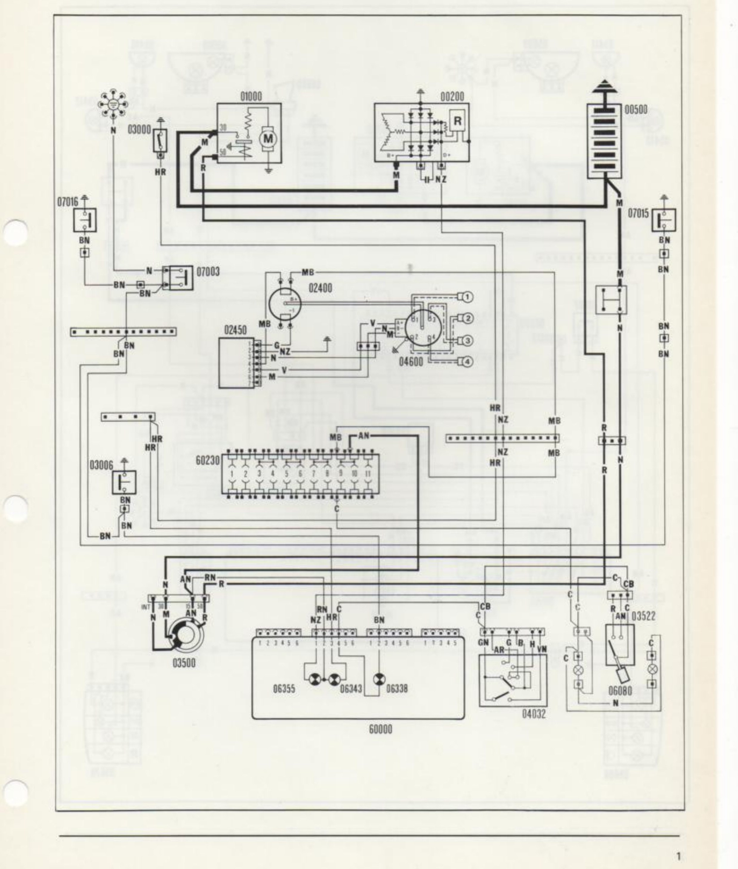 Schema elettrico: avviamento, accensione elettronica Breakerless, ricarica, pressione olio, sensori usura freni e freno a mano. Componenti: 03000, 01000, 00200, 00500, 07016, 07015, 07003, 02400, 02450, 04600, 03006, 60230, 03500, 06355, 06343, 06338, 60000, 04032, 06080, 03522.