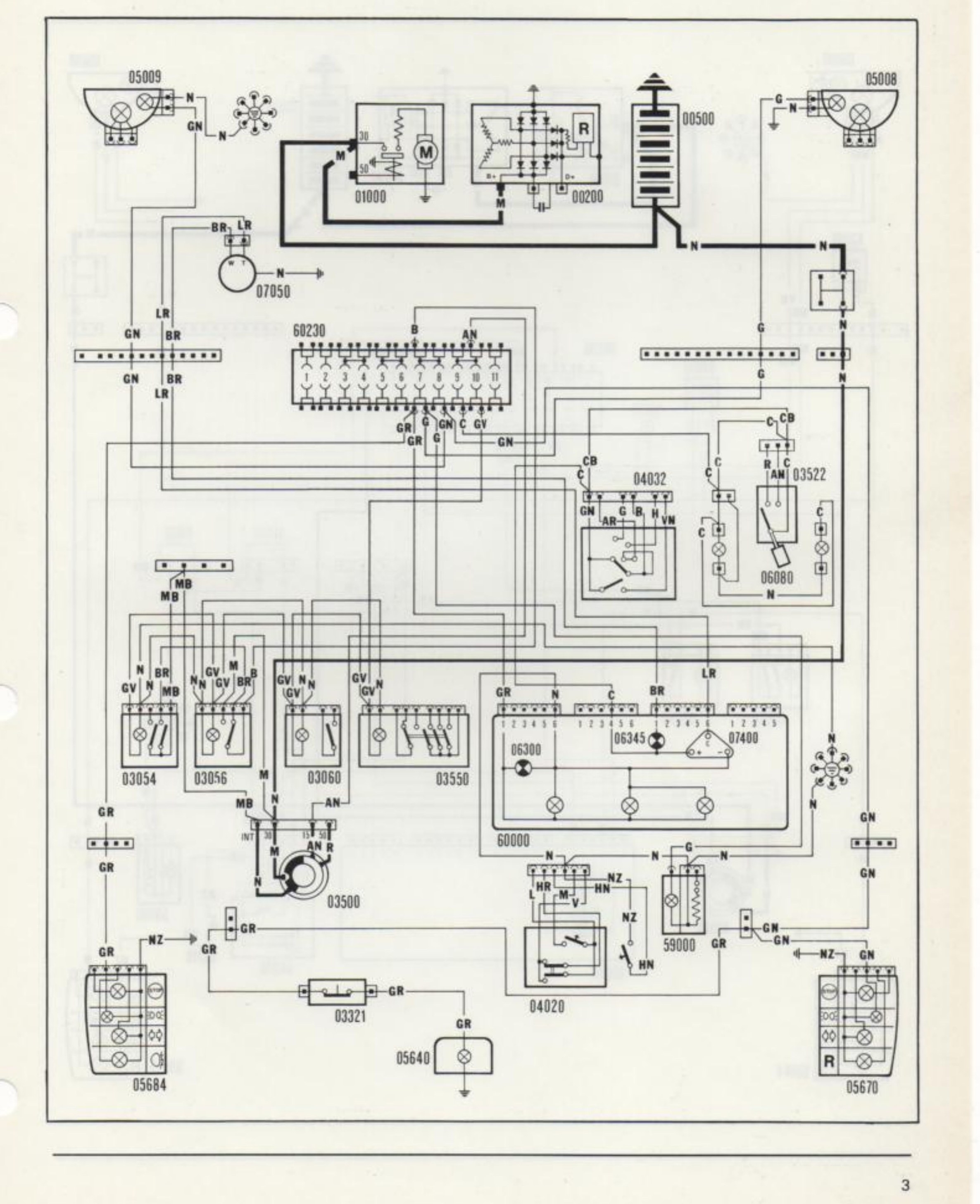 Schema elettrico: luci posizione, luci targa, livello carburante e illuminazione ideogrammi interruttori. Componenti: 05009, 05008, 01000, 00200, 00500, 07050, 60230, 04032, 03522, 06080, 03054, 03056, 03060, 03550, 06300, 06345, 07400, 60000, 03500, 03321, 04020, 05640, 05684, 59000, 05670.