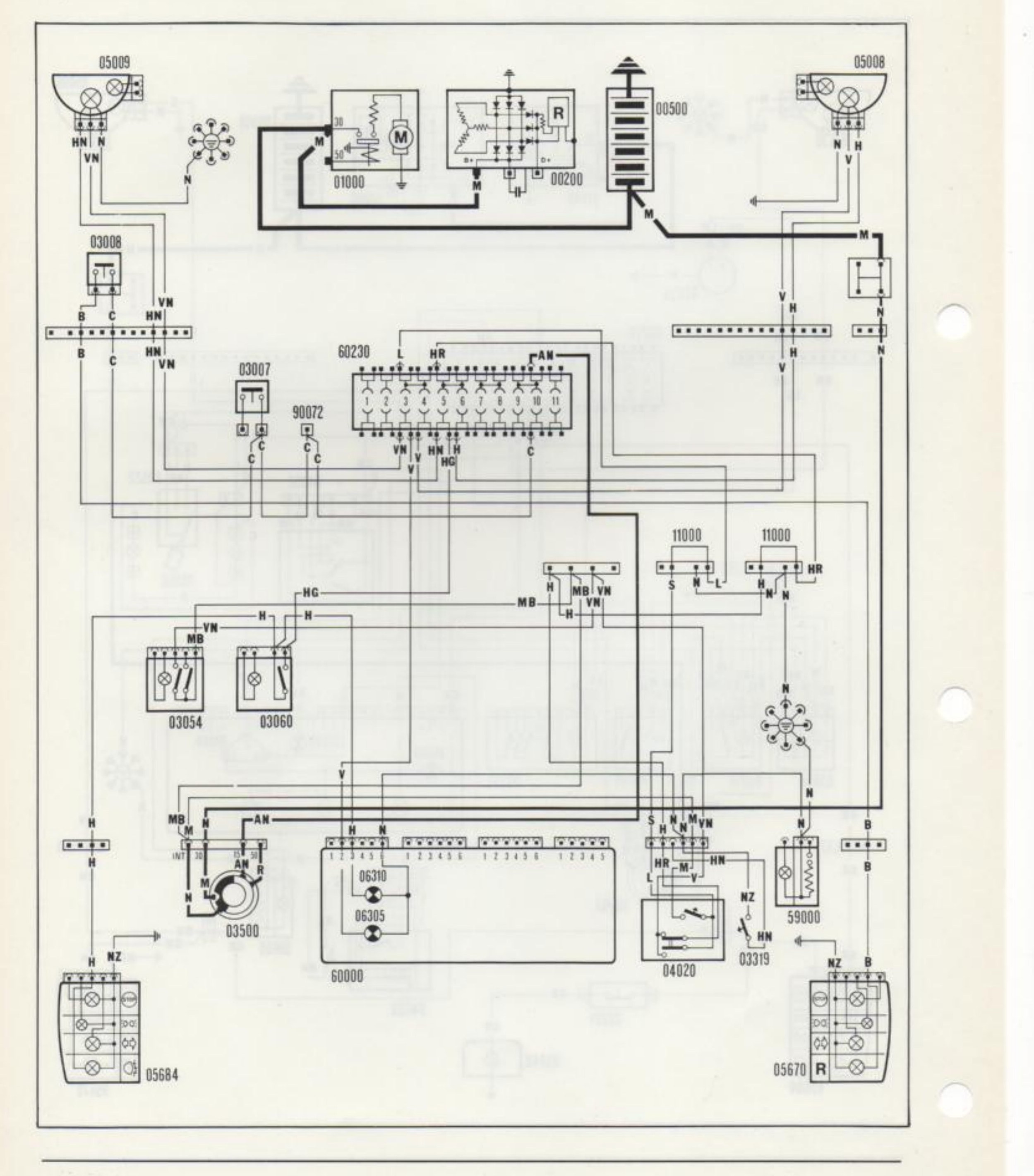 Schema elettrico: illuminazione anabbagliante/abbagliante, luci retromarcia e retronebbia, lampi luce. Componenti: 05009, 05008, 03008, 03007, 90072, 60230, 03054, 03060, 01000, 00200, 00500, 11000, 59000, 03500, 06310, 06305, 60000, 04020, 03319, 05684, 05670.