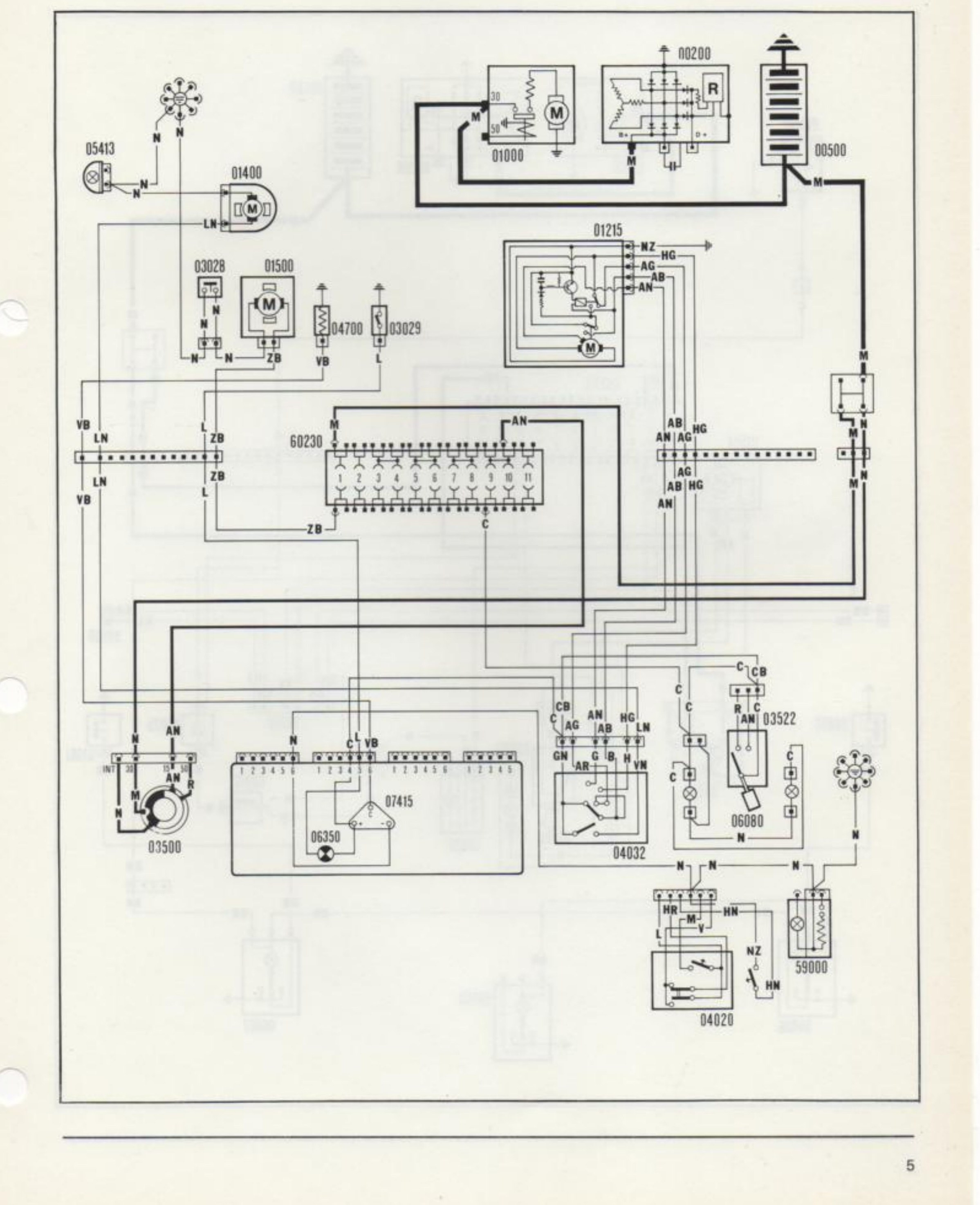 Schema elettrico: termometro liquido raffreddamento, indicatore ottico eccessiva temperatura, raffreddamento radiatore motore, tergicristallo ed elettropompa lavacristallo (componenti 05413, 01400, 03028, 01500, 04700, 03029, 01215, 00200, 01000, 00500, 60230, 03500, 06350, 07415, 04032, 03522, 06080, 04820, 59000)