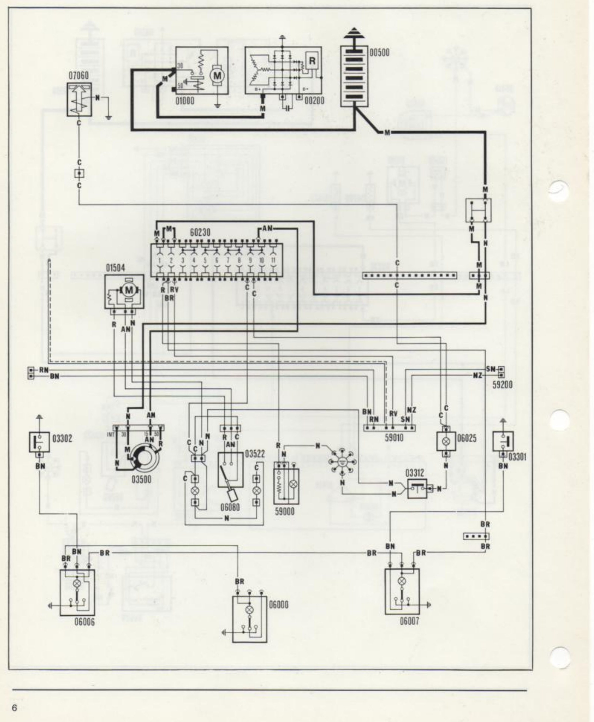 Schema impianto elettrico: illuminazione interno vettura, comandi riscaldatore, ventilazione, accendisigari, valvola intercettatrice del minimo, predisposizione autoradio. Componenti: 07060, 01000, 00200, 00500, 60230, 01504, 03302, 03580, 06080, 03522, 59000, 03312, 59010, 59200, 06025, 03301, 06006, 06000, 06007.