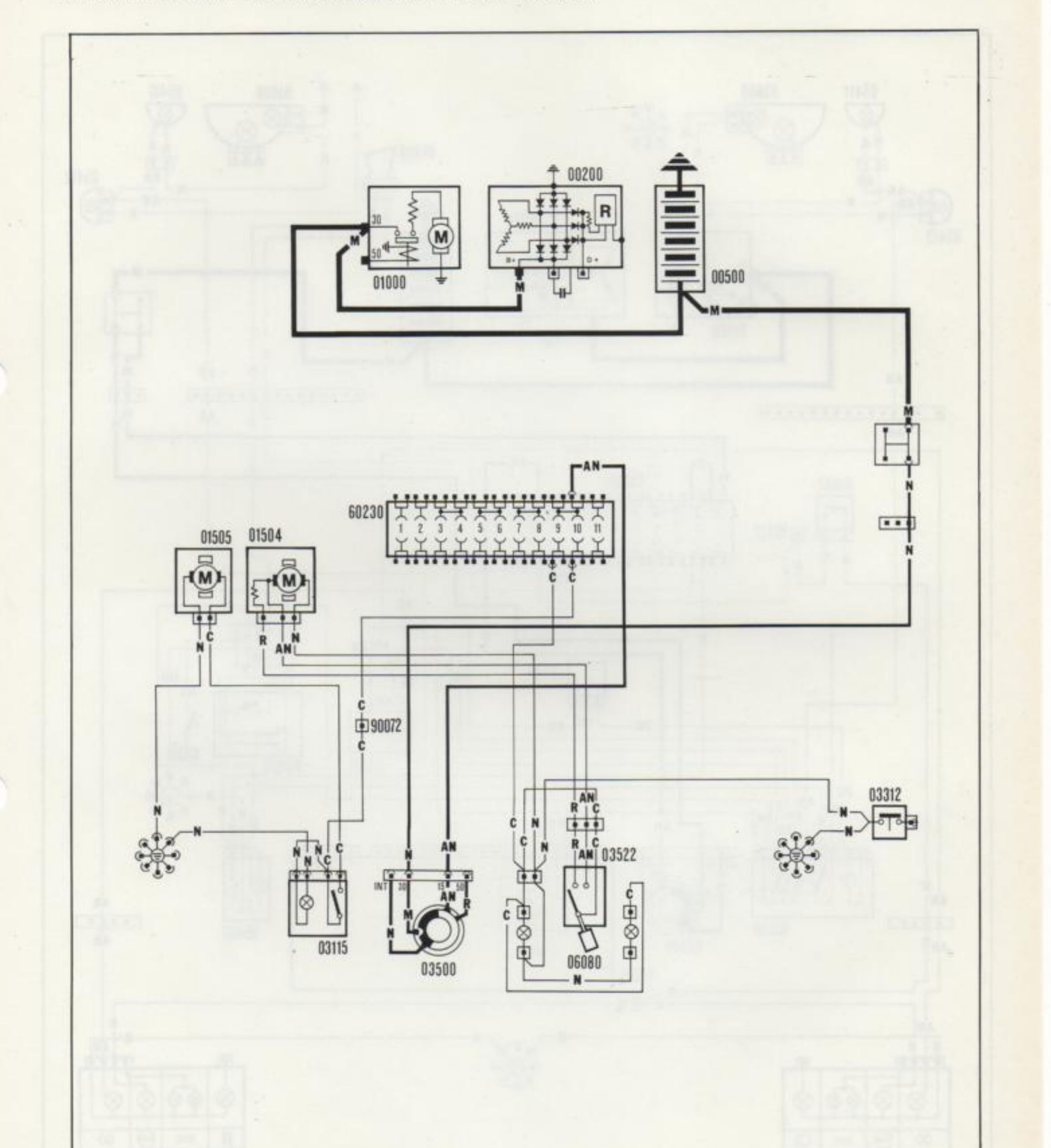 Schema elettrico: ventilazione interno vettura e riscaldatore supplementare (componenti 00200, 01000, 00500, 60230, 01505, 01504, 90072, 03115, 03500, 06080, 03522, 03312)