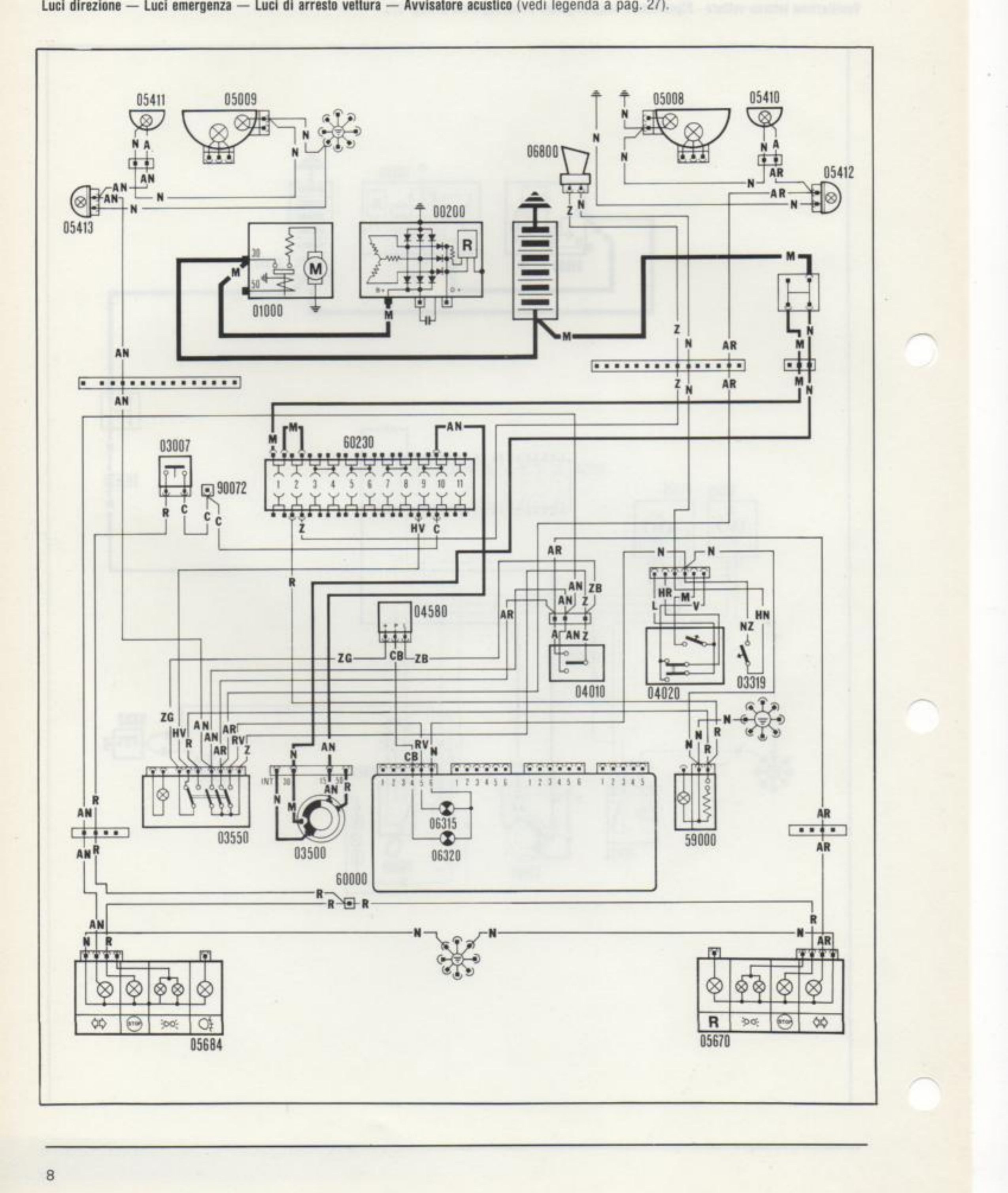 Schema elettrico: luci direzione, luci emergenza, luci di arresto, avvisatore acustico. Componenti 05411, 05009, 05008, 05410, 05412, 05413, 06800, 00200, 01000, 03007, 90072, 60230, 04580, 04010, 04020, 03319, 03550, 03500, 06315, 06320, 60000, 59000, 05684, 05670.