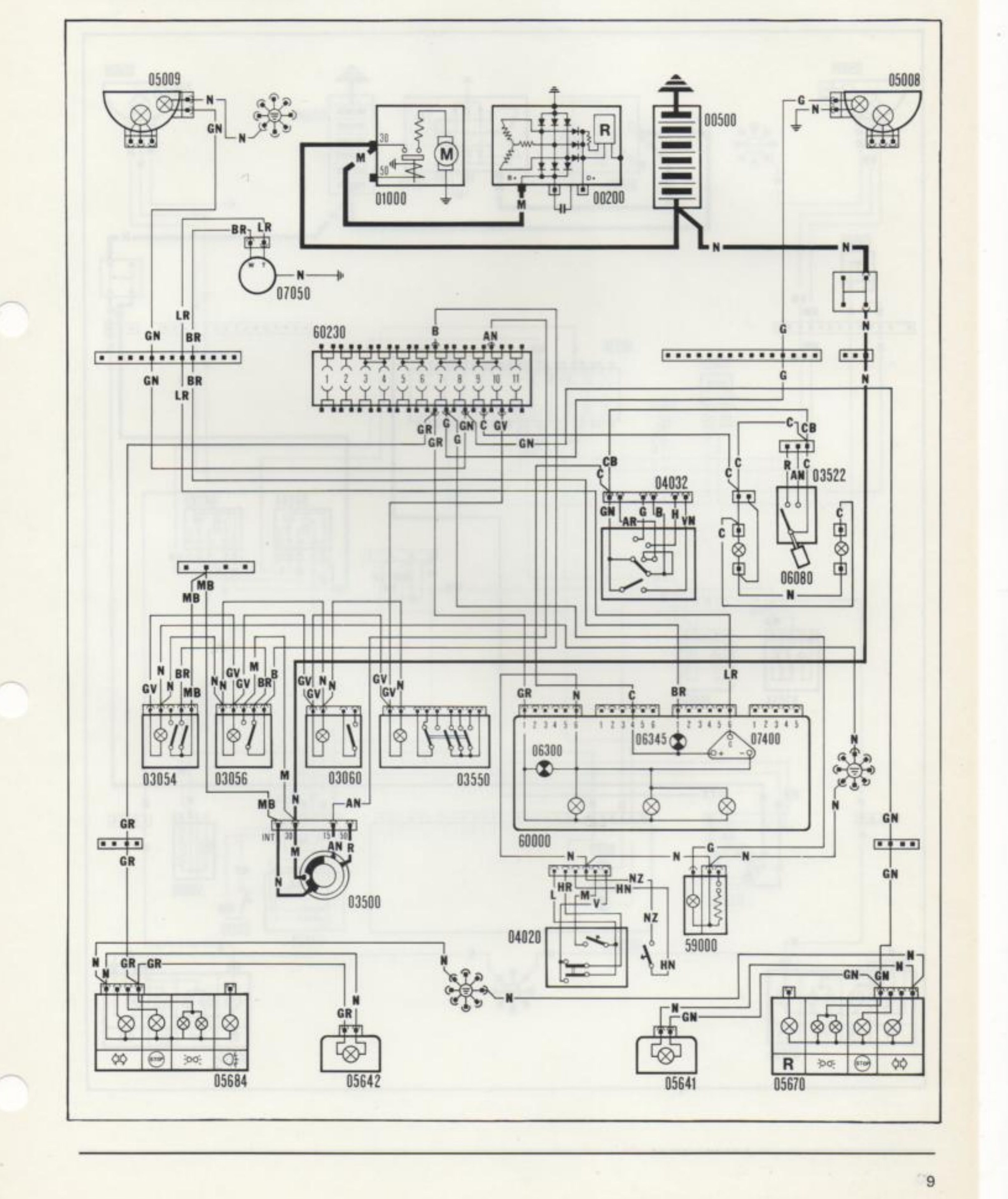 Schema elettrico: luci posizione, luce targa, livello carburante e illuminazione ideogrammi interruttori (componenti 05009, 05008, 01000, 00200, 00500, 07050, 60230, 04032, 03522, 06080, 03054, 03056, 03060, 03550, 06300, 06345, 07400, 60000, 03500, 04020, 59000, 05684, 05642, 05641, 05670)