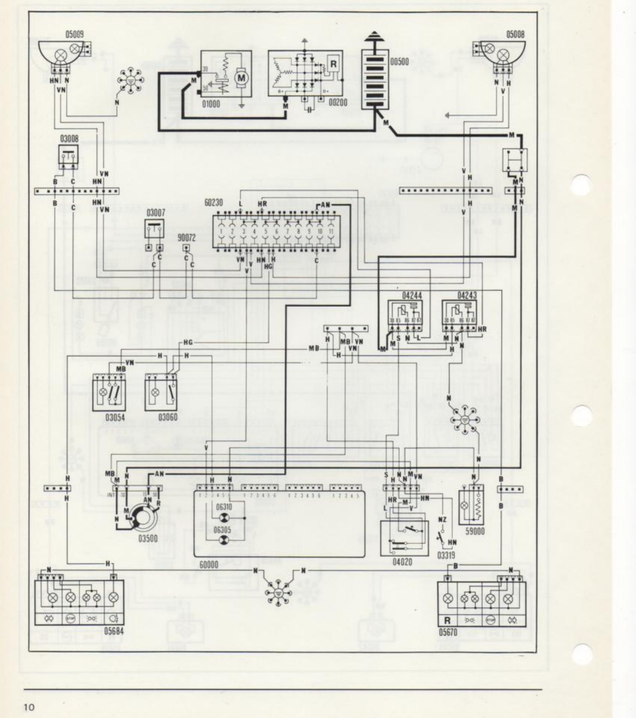 Schema elettrico: illuminazione anabbagliante/abbagliante, luci retromarcia e retronebbia, lampi luce fari alogeni