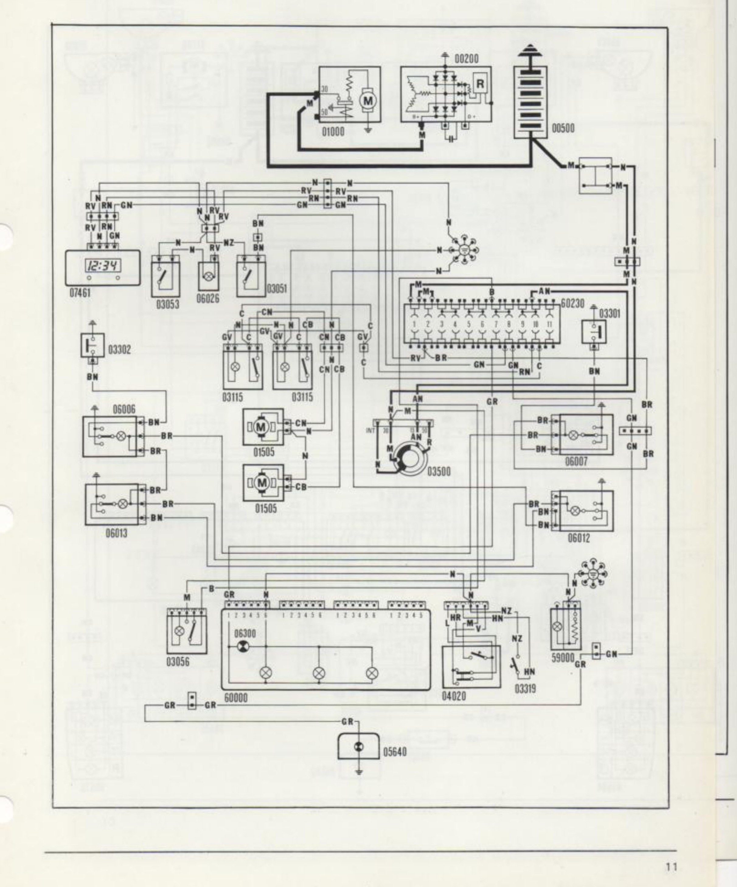 Schema elettrico: illuminazione interna veicolo, luce targa, lampada lettura carte, elettroriscaldatori supplementari, orologio digitale e illuminazione ideogrammi interruttori
