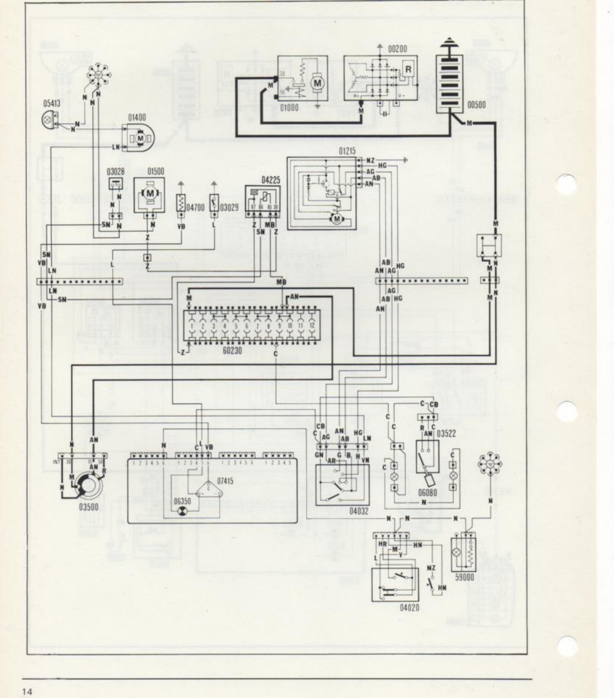 Schema elettrico: termometro liquido raffreddamento motore, indicatore ottico di eccessiva temperatura, tergicristallo ed elettropompa lavacristallo. Componenti: 05413, 01400, 03028, 01500, 04700, 03029, 04225, 01000, 00200, 00500, 01215, 60230, 07415, 06350, 04032, 03522, 06080, 03500, 04020, 59000.