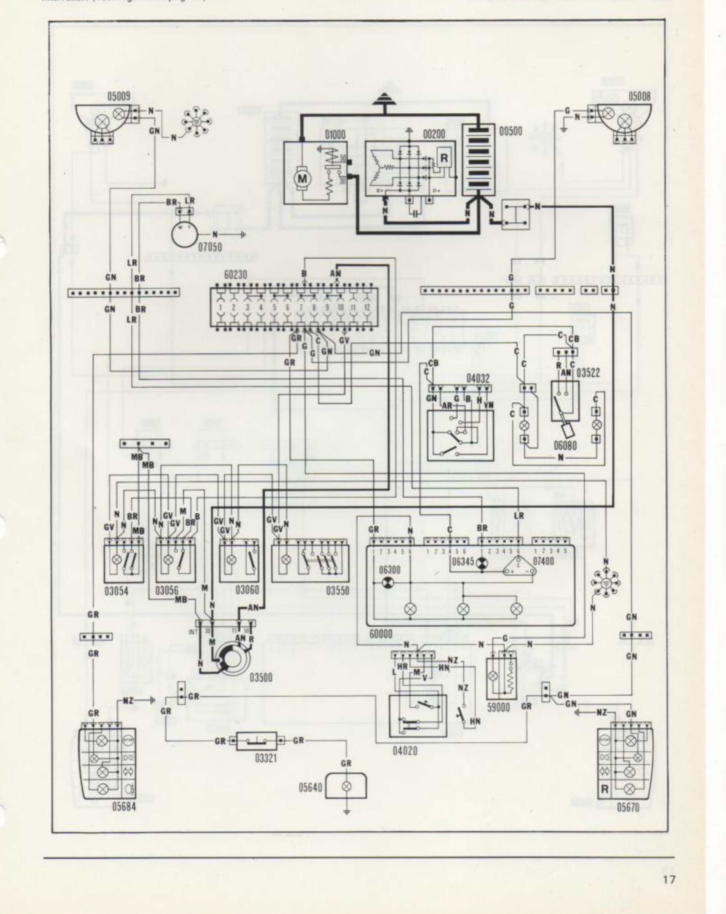 Schema elettrico: luci posizione, luci targa, livello carburante e indicatore di riserva, illuminazione ideogrammi interruttori. Componenti: 05009, 05008, 01000, 00200, 00500, 07050, 60230, 04032, 03522, 06080, 03054, 03056, 03060, 03550, 06300, 06345, 07400, 60000, 03500, 03321, 04020, 50000, 05684, 05640, 05670.