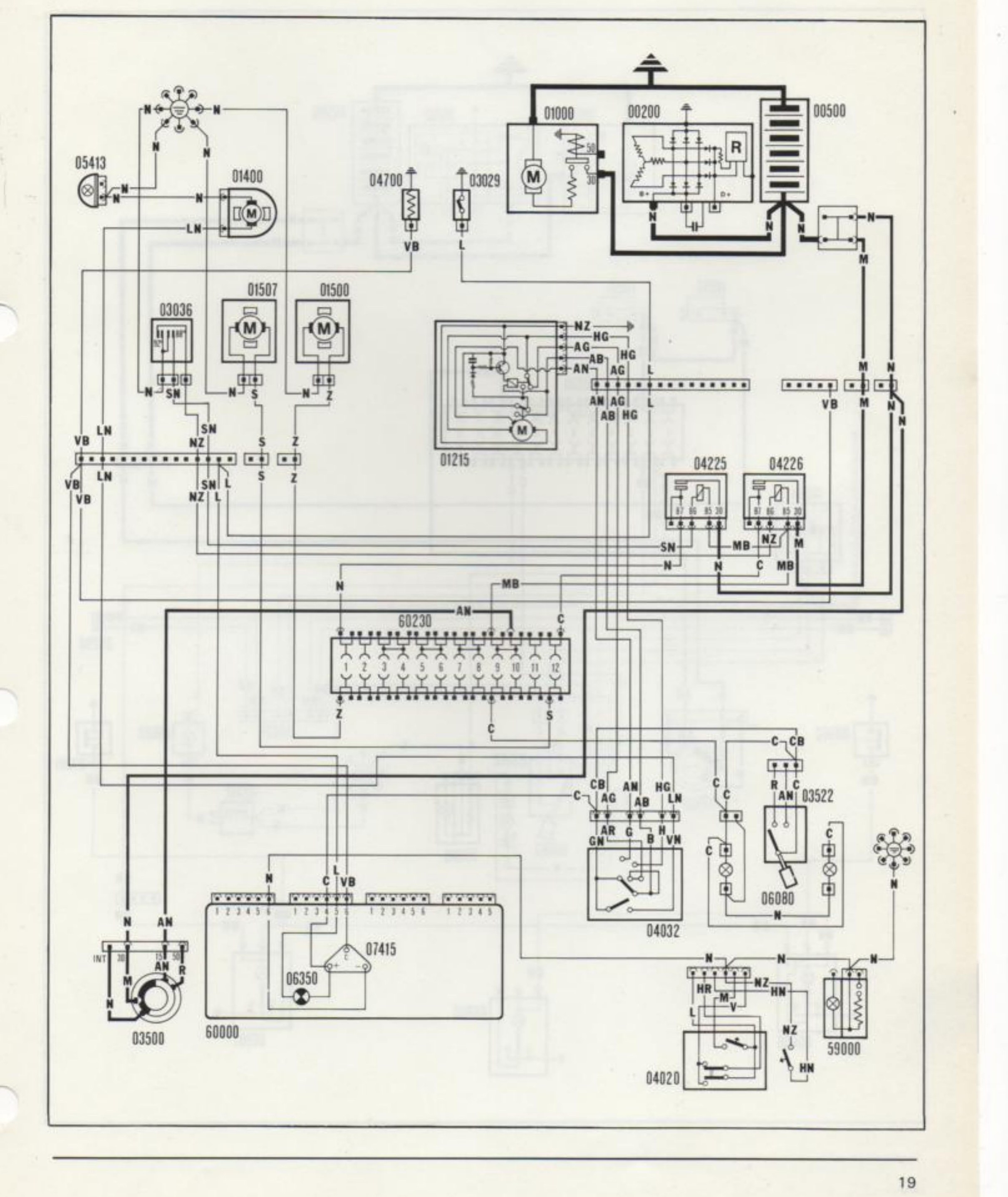 Schema elettrico: termometro liquido raffreddamento motore e indicatore ottico di eccessiva temperatura, raffreddamento radiatore motore, tergicristallo, elettropompa lavacristallo. Componenti: 05413, 01400, 04700, 03029, 03036, 01507, 01500, 01000, 00200, 00500, 01215, 04225, 04226, 00230, 03522, 06080, 04032, 03500, 60000, 06350, 07415, 59000, 04020.