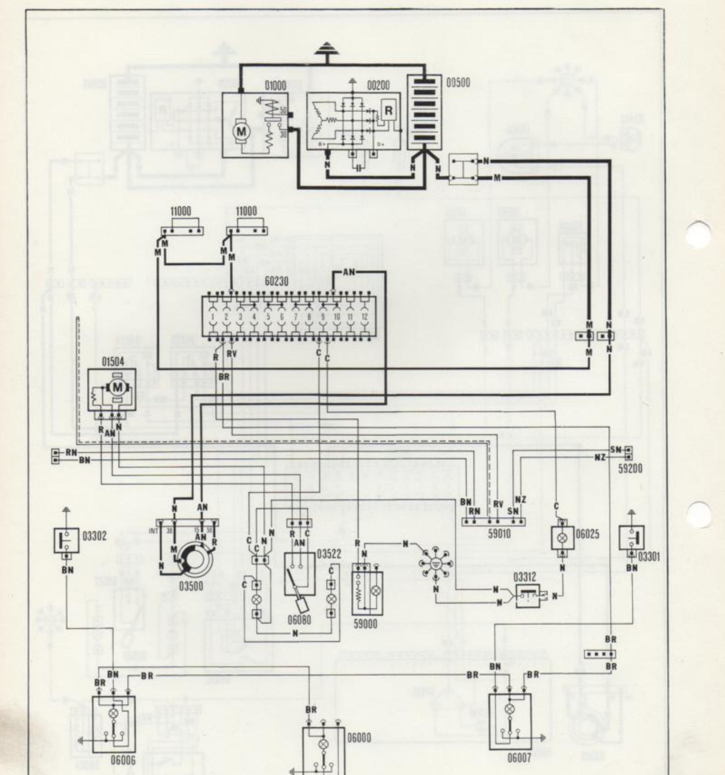 Schema elettrico: illuminazione interno vettura, comandi riscaldatore, ventilazione, accendisigari e predisposizione autoradio. Componenti: 01000, 00200, 00500, 11000, 60230, 01504, 03302, 03500, 03522, 06080, 59000, 03312, 59010, 59200, 06025, 03301, 06006, 06000, 06007.