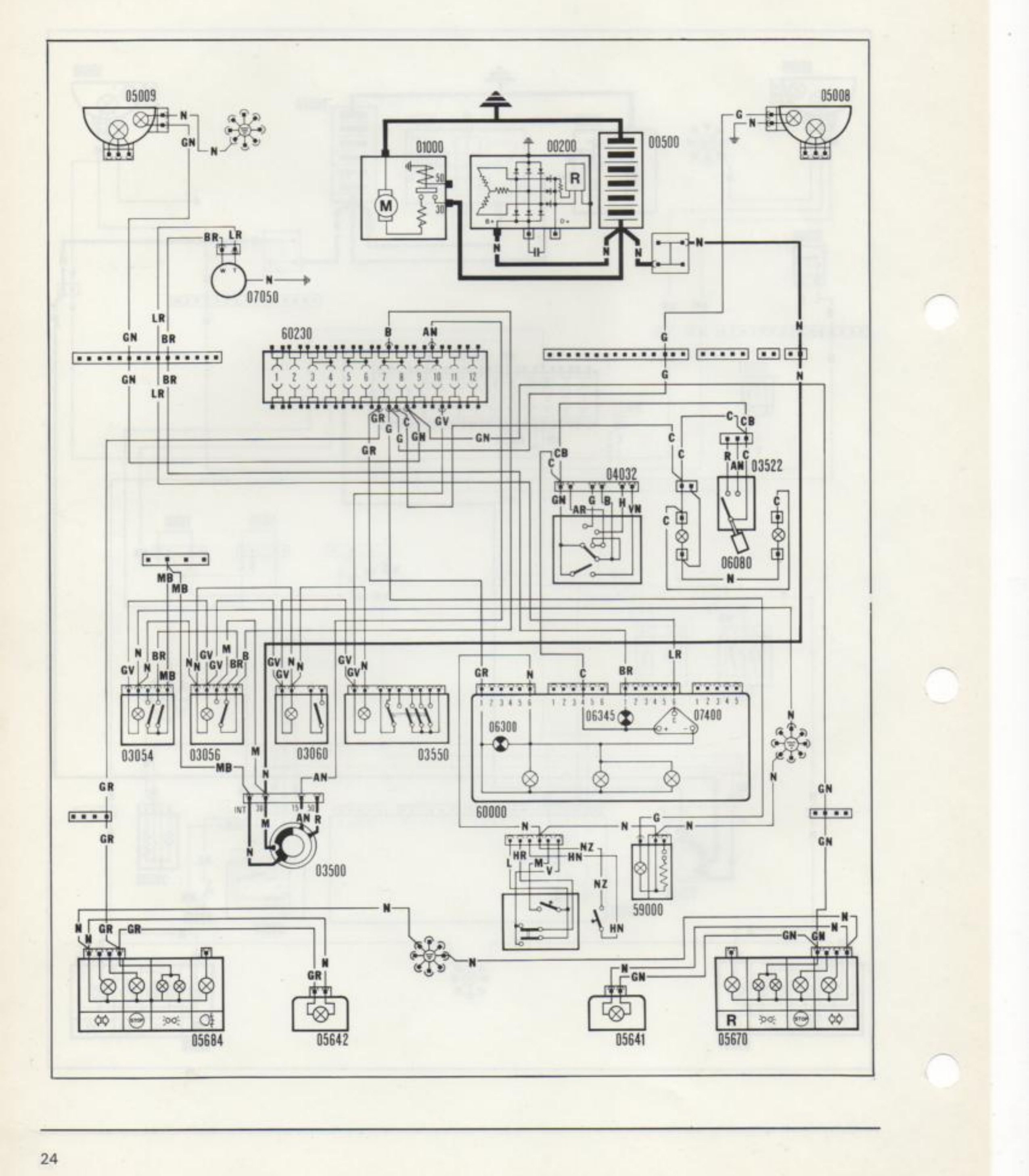 Schema elettrico: luci posizione e indicatore ottico, luce targa, livello carburante e indicatore riserva, illuminazione ideogrammi interruttori. Riferimenti componenti: 05009, 05008, 01000, 00200, 00500, 07050, 60230, 04032, 03522, 06080, 03054, 03056, 03060, 03550, 03500, 06300, 06345, 07400, 60000, 59000, 05684, 05642, 05641, 05678.