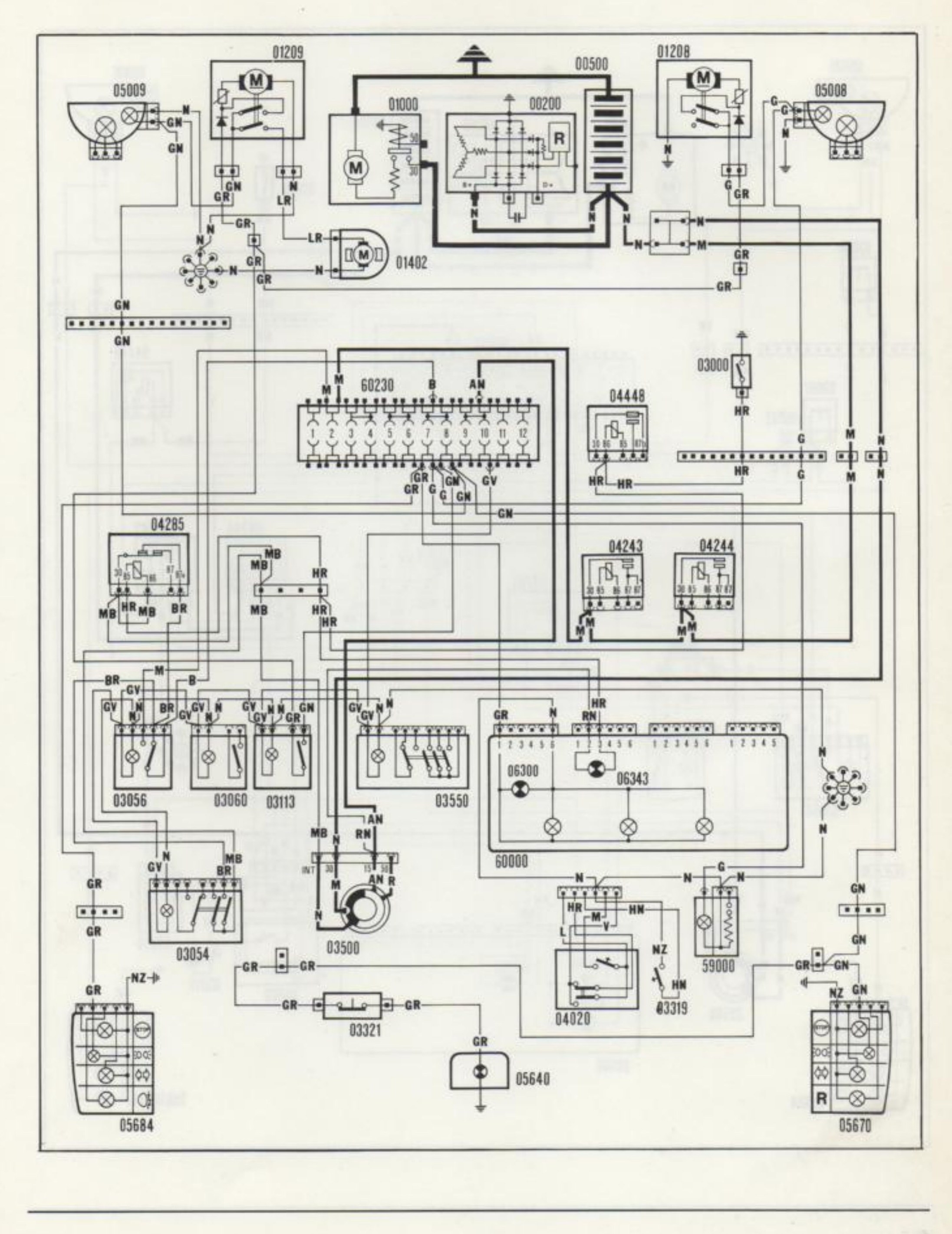 Schema elettrico: luci posizione, luce targa, elettropompa lavaproiettori, tergiproiettori e illuminazione ideogrammi interruttori (Versione Scandinavia)