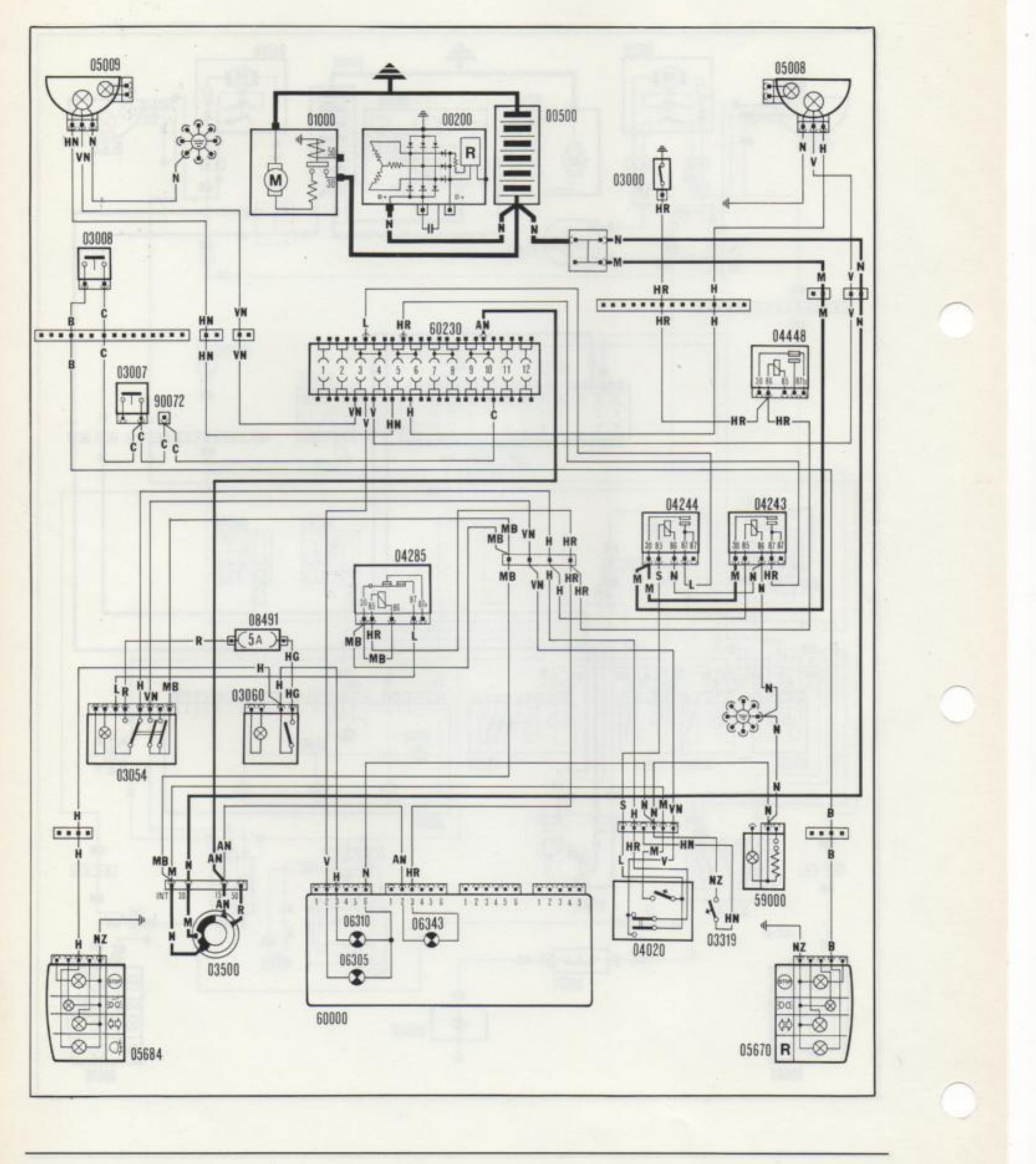 Schema impianto elettrico illuminazione anabbagliante, abbagliante, retronebbia e retromarcia — Versione Scandinavia